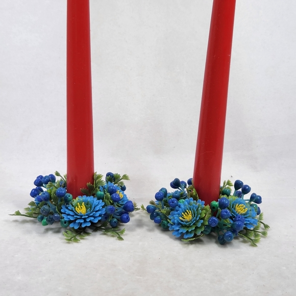 Two Vintage 60s Plastic Blue Floral Candle Ring Wreaths Vintage